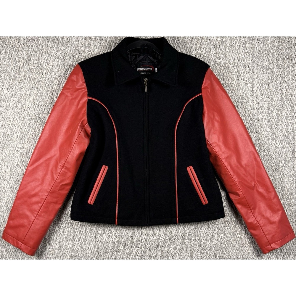 Powers Varsity Jacket Black Wool Red Faux Leather Sleeves Bomber L